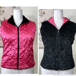 90s Y2k Reversible Faux Fur Pink Satin Quilted Full Zip Vest Trashy Ski Bunny L